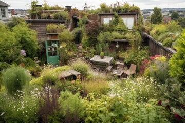 Sticker - green rooftop garden, filled with lush plants and flowers, created with generative ai