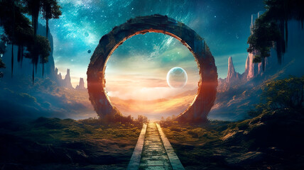 fantastic evening alien landscape with a stargate portal, satellites in the sky, fog in the mountain