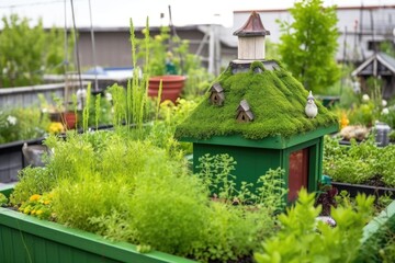 Poster - close-up of green rooftop with birdhouse and garden gnome, created with generative ai