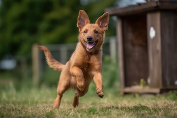 Canvas Print - playful puppy chasing its tail, spinning and jumping in the air, created with generative ai