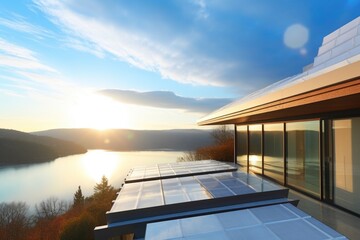 Sticker - scene of solar panels on the roof of modern house, with view of picturesque sky, created with generative ai