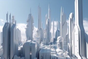 Wall Mural - 3d model of futuristic city, with buildings and towers reaching for the sky, created with generative ai