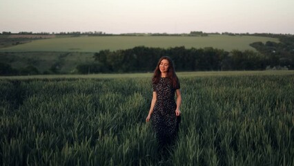 Wall Mural - A cute young woman with loose hair in a long dress walks through a wheat field, touches the ears of corn with her hands, enjoys nature and a walk alone. Beautiful nature and landscape