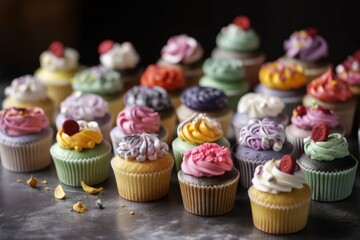 Poster - stack of miniature cupcakes, each topped with different flavor and frosting, created with generative ai