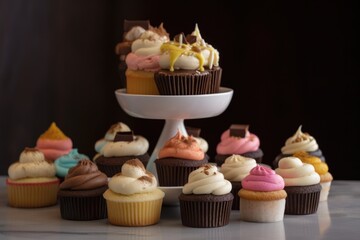 Poster - tower of gourmet cupcakes with different flavors and frostings, created with generative ai