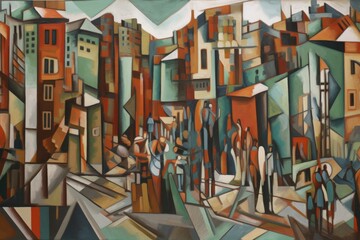 Poster - cubist painting of a cityscape, with buildings and people rendered in angular shapes, created with generative ai