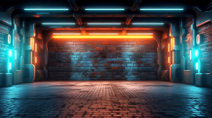 Neon Lights Grunge Sci Fi Underground Garage Car Room Cement Asphalt Concrete Brick Wall Realistic Blue Orange Colors Cyber Background 3D Rendering.