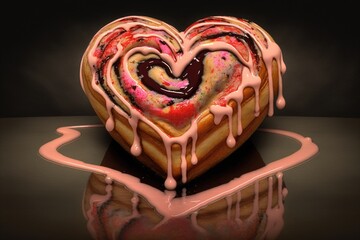 Canvas Print - heart-shaped cinnamon roll, drizzled with icing and topped with sprinkles, created with generative ai