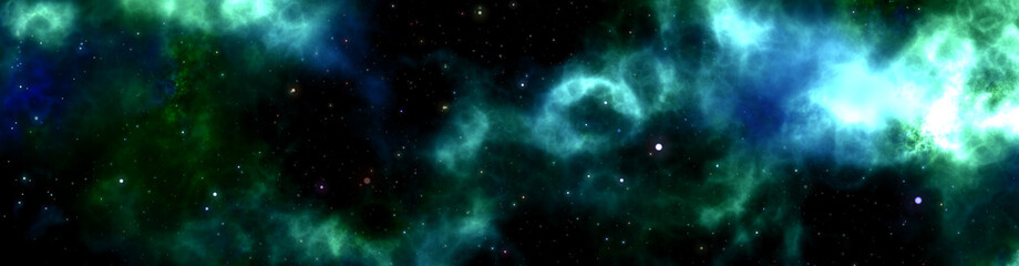 Wall Mural - Star field voyage with blue and green cosmic space nebula, digital art illustration work.