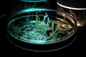 Sticker - microbial culture growing in petri dish with the help of specialized lighting, created with generative ai