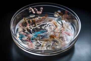 Sticker - petri dish with microbe culture growing in swirling patterns, created with generative ai