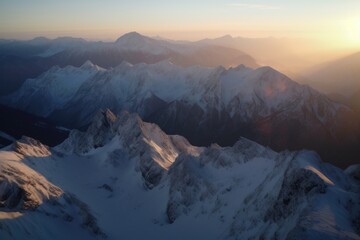 Canvas Print - snow-covered mountains, with peaks and valleys visible, at sunrise, created with generative ai