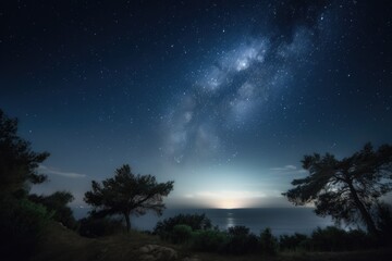 Canvas Print - starry night sky, with view of the moon and stars on the horizon, created with generative ai