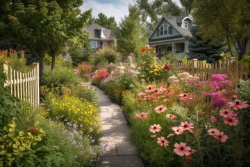 Poster - suburban neighborhood, with lush greenery and flowers in full bloom, created with generative ai