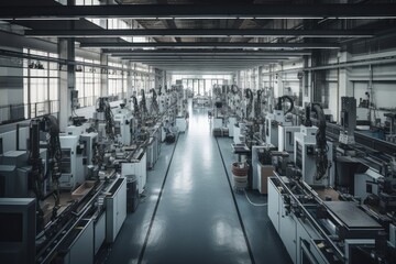 Poster - a factory floor, filled with robots and other industrial automation technologies, working in unison to create precision products, created with generative ai