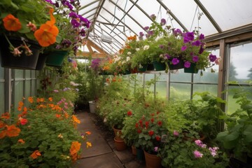 Canvas Print - greenhouse with hanging baskets of blooming flowers, created with generative ai