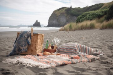 Sticker - picnic on the beach with blanket, basket and cooler in sight, created with generative ai