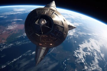 Poster - shot of a futuristic spacecraft orbiting the earth, created with generative ai