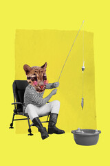 Sticker - Vertical collage image of black white gamma man lynx head sit chair hold rod catch fish bucket isolated on yellow background