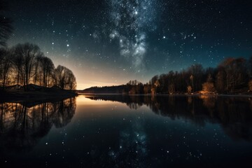 Canvas Print - sparkling reflection of the night sky in a lake, created with generative ai