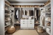 a closet with shelves, hooks and baskets to organize clothing, created with generative ai