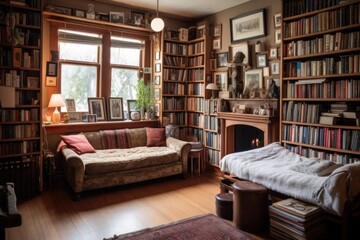 Sticker - a bookcase filled with books, in a cozy and inviting room, created with generative ai