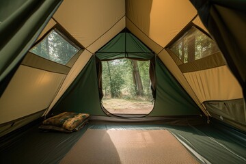 Wall Mural - close-up of a tent with its doors and windows open, allowing natural light and air to flow inside, created with generative ai