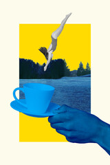 Poster - Vertical collage of mini black white girl jumping diving big arm hold coffee cup plate ukrainian colors landscape outdoors