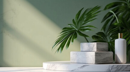 Wall Mural - Blank minimal white counter podium, soft beautiful dappled sunlight, tropical palm foliage leaf shadow on wall for luxury hygiene organic cosmetic, skincare, beauty treatment product background 3D