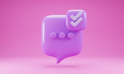 Poster - Speech bubble with check mark icon isolated on pink background. 3d rendering illustration