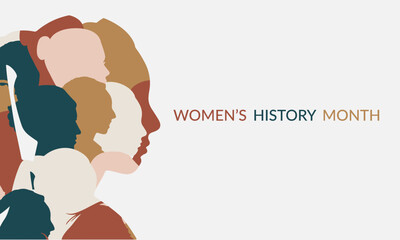 Women's History month banner in soft color. Multi ethnic woman face silhouette.