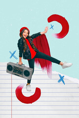 Poster - Magazine collage picture of pretty smiling little lady having fun dancing boom box isolated drawing background