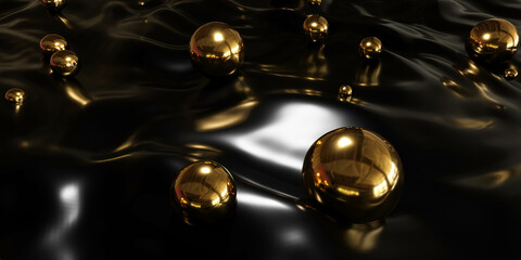 Poster - Illustration of shiny gold balls on a dark surface in 3D render 3d render