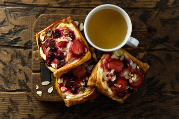 Canvas Print - Freshly made pastry with strawberry and almond