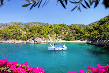 A yacht anchored on the coast at Olu Deniz, Turkey