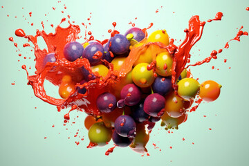 Poster - An abstract surreal photograph of a Grapes splashed in bright paint, symbolizing freshness and health. Generative AI technology.