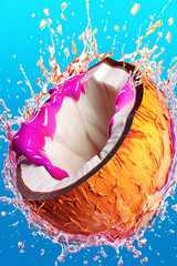 Leinwandbilder - An vibrant image of a Coconut splashed in bright paint, symbolizing freshness and health. Generative AI technology.