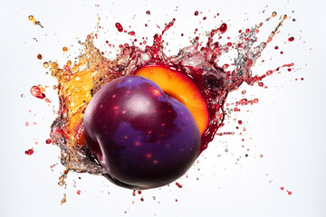 Aufkleber - An abstract surreal photograph of a Plum splashed in bright paint, symbolizing freshness and health. Generative AI technology.