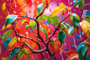 Poster - An abstract surreal photograph of a Ayahuasca vine (Banisteriopsis caapi) splashed in bright paint, Generative AI technology.
