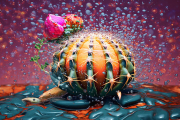 Leinwandbilder - An abstract surreal photograph of a Peyote cactus (Lophophora williamsii) splashed in bright paint, Generative AI technology.