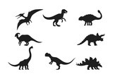 Fototapeta Dinusie - Dinosaur and Jurassic dino monster icons. Vector silhouettes of triceratops or T-rex, brontosaurus or pterodactyl and stegosaurus, pteranodon or ceratosaurus and reptile parasaurolophus