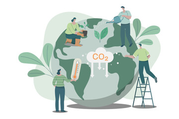 Developing sustainable, reduce CO2, Woman and Man Planting and Watering Trees, using clean energy, 
sustainable environmental management. Climate change problem concept. Vector design illustration.