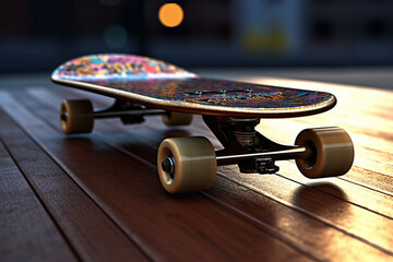 Aufkleber - A close-up shot of a skateboard, featuring its wooden deck, grip tape, trucks, and wheels.  Generative AI technology.