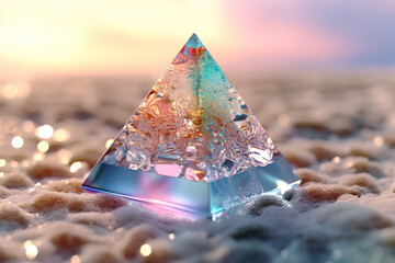 Poster - An artistic photo of a crystal pyramid, made of Clear Quartz or other gemstones, used for energy amplification, intention-setting, Generative AI technology.