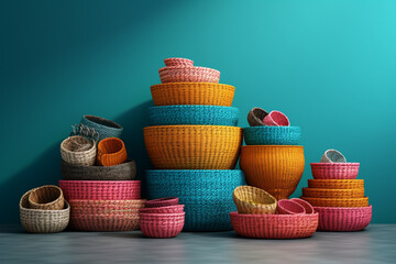 Aufkleber - An image capturing a set of nesting baskets made from seagrass, showcasing different sizes and shapes,  Generative AI technology.