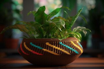 Poster - A photo showcasing a woven plant basket, designed to hold potted plants, featuring a natural finish and openwork patterns that allow for proper airflow and drainage. Generative AI technology.