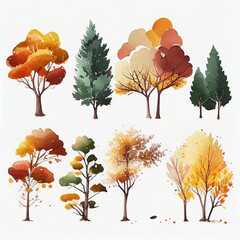 Wall Mural - set of autumn trees, watercolor style generative ai