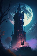 Wall Mural - A dark medieval fantasy landscape with a tall black Romanesque tower, silhouetted against the full moon.