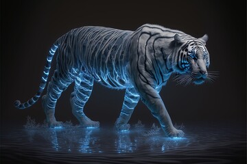 Wall Mural - A beautiful and elegant tiger walking in deep bioluminesent water