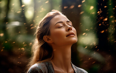 relaxed young woman breathing fresh air in the mountain. generative ai.